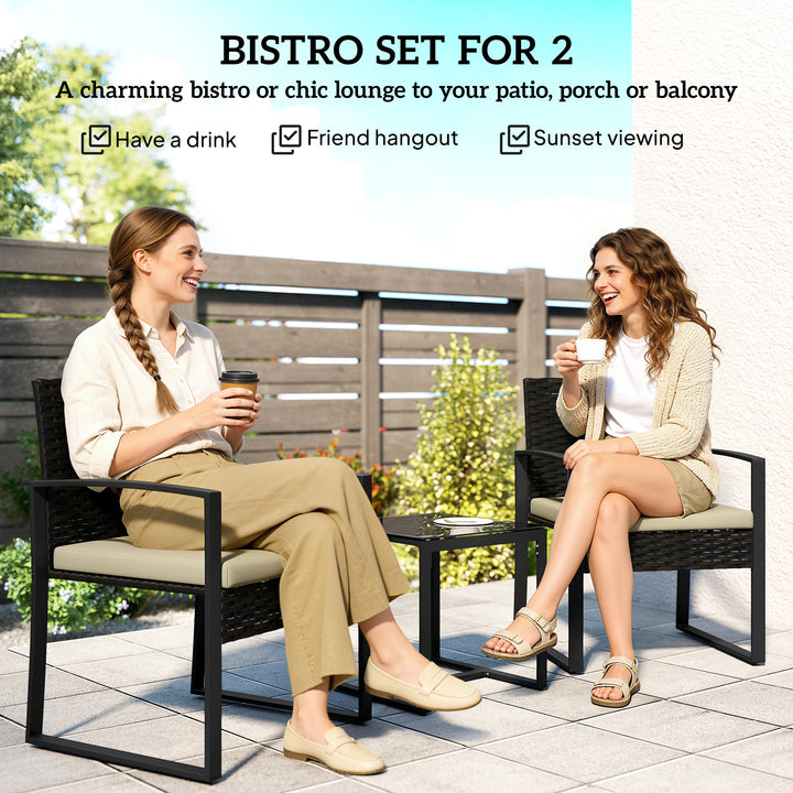 Rattan Bistro Set, 3 Piece Garden Furniture Set with Glass Top Table a