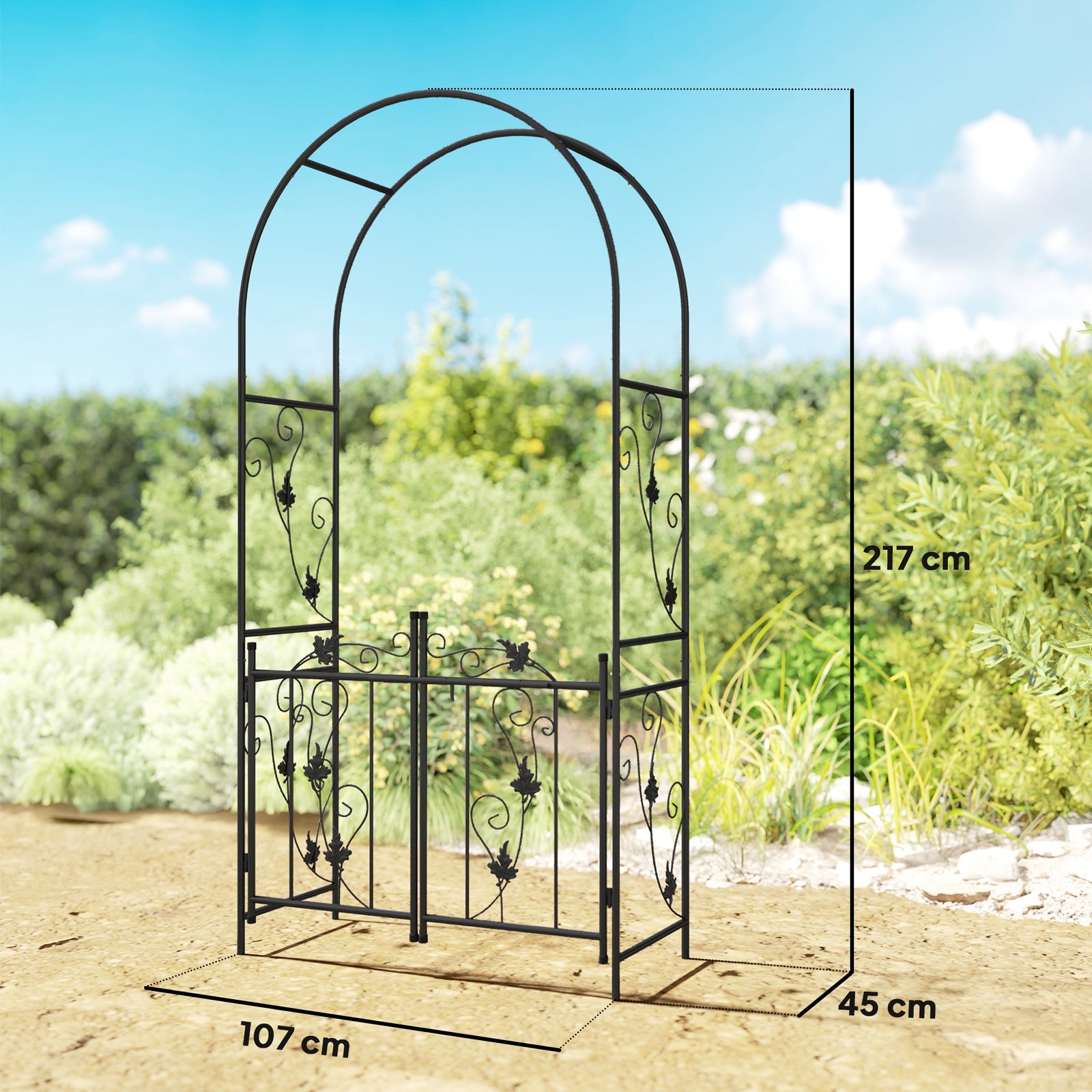 2.17m Steel Garden Arch with Gate, Wedding Arch for Outdoor, Garden, 1