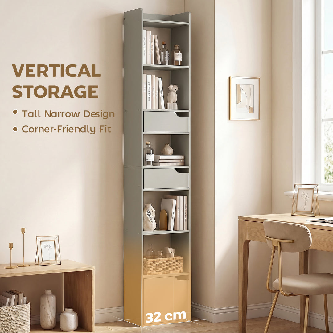 Bookcase Tall Narrow with 5 Tiers and Drawers Freestanding Bookshelf S