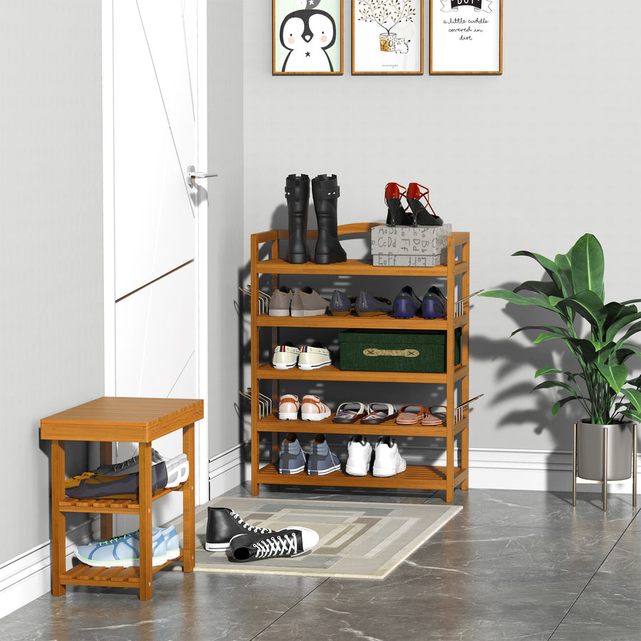 5-Tier Shoe Rack, Acacia Wooden Shoe Storage Organiser with Hangers, Holds up to 19 Pairs, for Entryway, Living Room, 64 x 26 x 82 cm, Teak