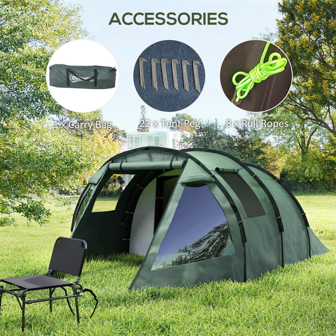 Two Room Tunnel Tent Camping Tent for 3-4 Man with Windows, Covers, Carry Bag, for Fishing, Hiking, Sports, Green