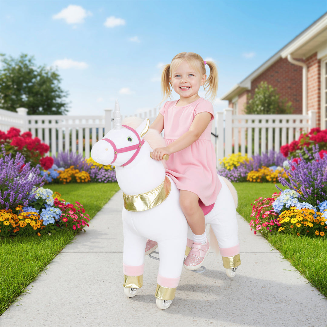 Kids Rocking Horse, Plush Walking Horse with Wheels, Ride On Unicorn Toy for Ages 3-5 Years Old
