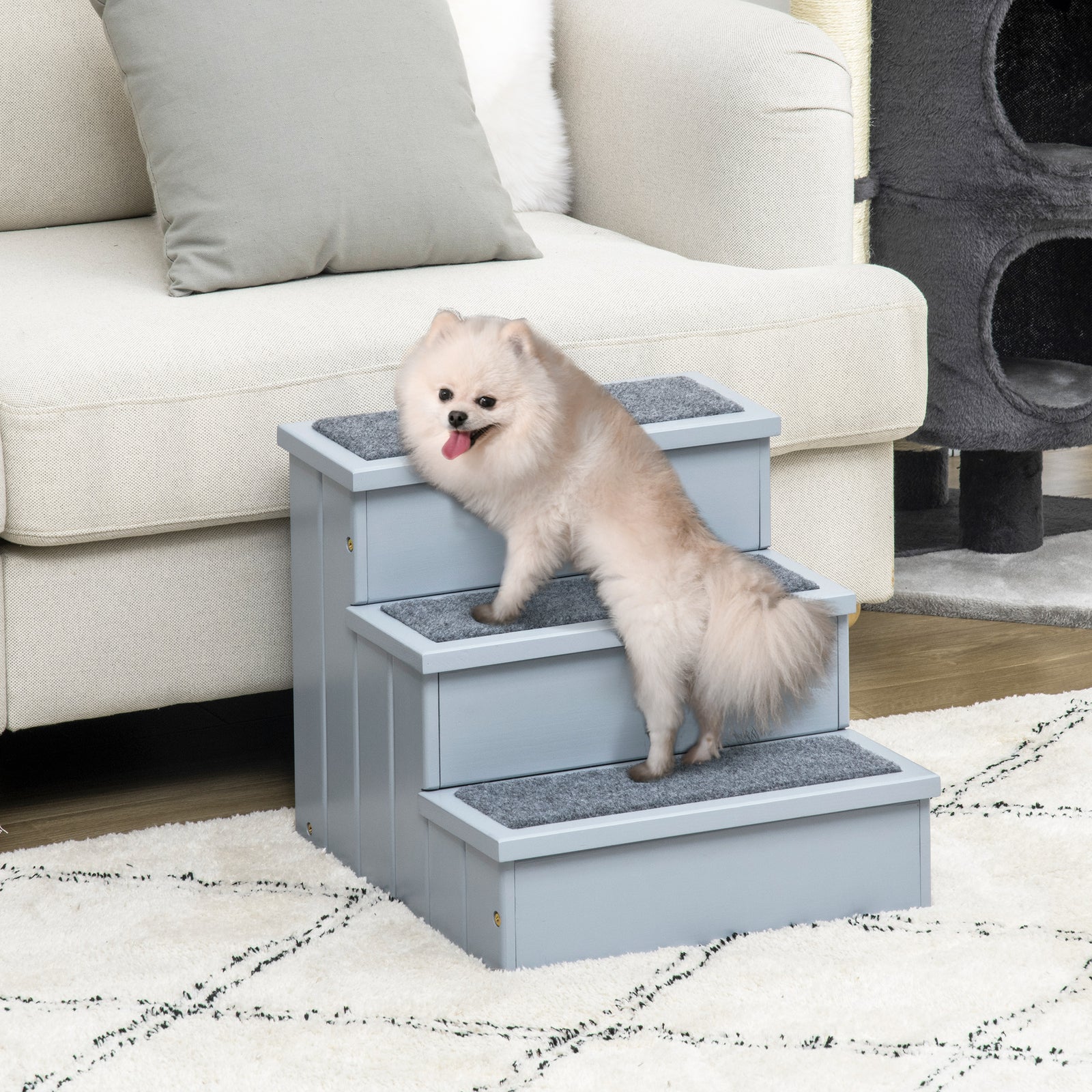 3 Step Wooden Dog Steps Pet Stairs for Dogs, Cat Ladder for Bed Couch with Storage Grey