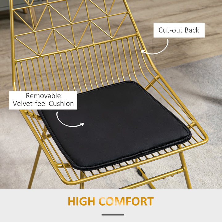 Luxurious Dining Chairs Set of 2, Metal Wire Kitchen Chair with Removable Velvet-feel Cushion, Cut-out Back and Steel Frame for Dining Room, Gold Tone