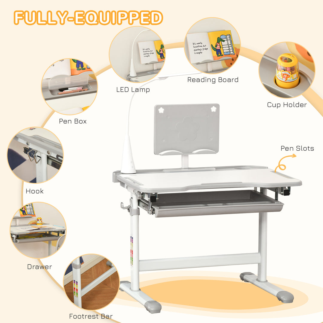 Kids Study Desk and Chair Set w/ Adjustable Height, Storage, Drawer, Grey