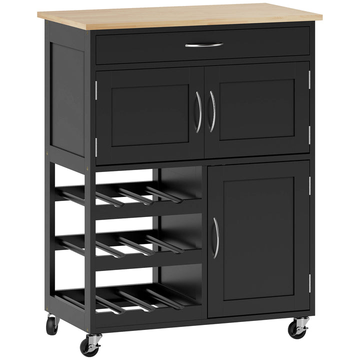 MCL Modern Kitchen Trolley, Rolling Island Storage Cart with Drawer, 9-bottle Wine Rack, Door Cabinets, Wooden Countertop - Black