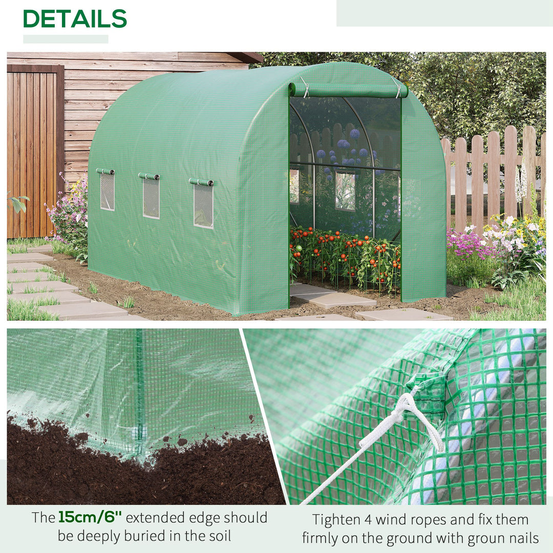 3.5 x 2m Walk-In Polytunnel Greenhouse, with Steel Frame, PE Cover, Roll-Up Door and 6 Windows, Green
