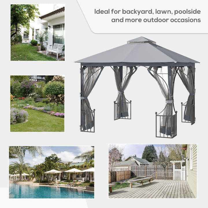 3 x 3(m) Garden Gazebo Patio Party Tent Shelter Outdoor Canopy Double Tier Sun Shade Metal Frame Netting, Light Grey