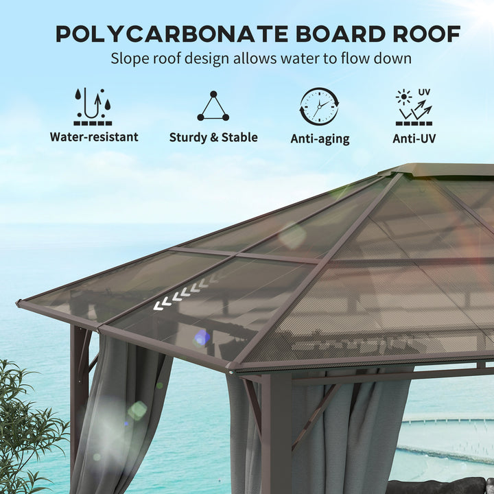 3 x 3.6m Hardtop Gazebo Canopy with Polycarbonate Roof Garden Pavilion with Removable Curtains and Steel Frame, Dark Grey