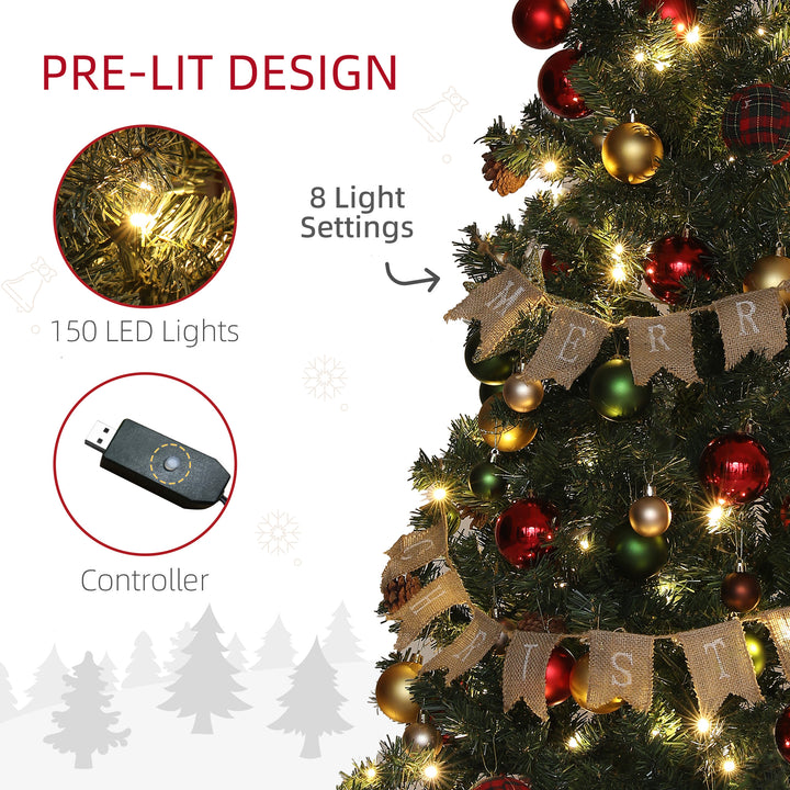 6ft Pre-Lit Xmas Tree with Decorations, Green, Red and Warm White