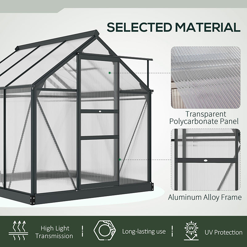 6 x 6ft Polycarbonate Greenhouse, Large Walk-In Green House with Slide Door and Window, Garden Plants Grow House with Aluminium Frame and Foundation, Grey