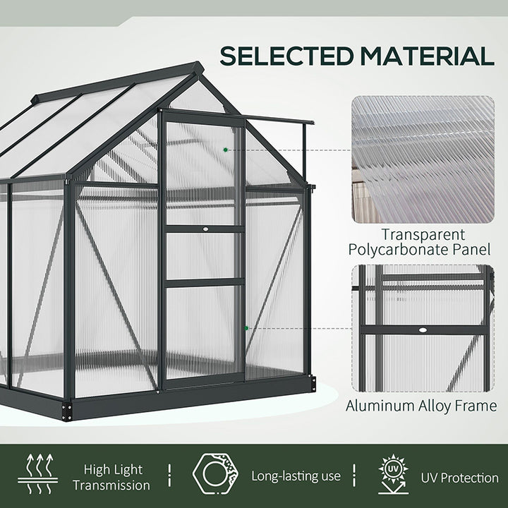 6 x 6ft Polycarbonate Greenhouse, Large Walk-In Green House with Slide Door and Window, Garden Plants Grow House with Aluminium Frame and Foundation, Grey