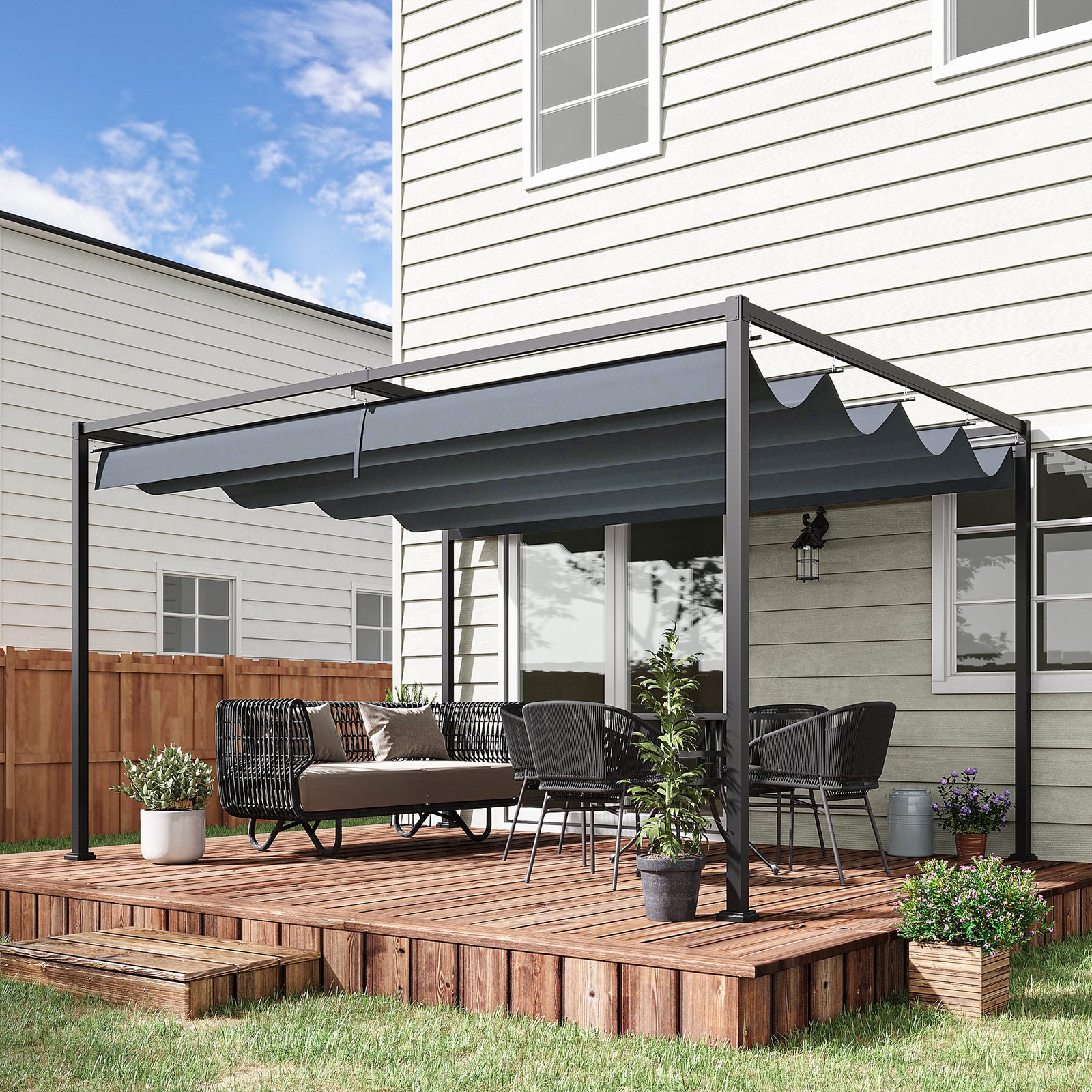 4 x 3(m) Metal Outdoor Pergola with Retractable Roof, Outdoor Gazebo with Drainage Holes for Garden, Patio, Lawn, Grey