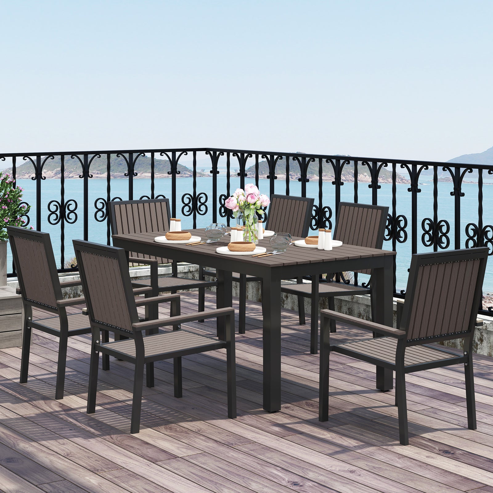 6 Seater Garden Dining Set with Stackable Chairs, Aluminium Frame, Rectangular Plastic Top, Garden Furniture Set, Outdoor Dining Table and Chairs for Patio, Balcony, Poolside, Brown