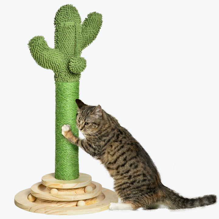 PawHut Cactus-Shaped Cat Tree Tower, Green, with Sisal Scratching Post, Hanging Ball, Funny Cat Ball Platform, 32 x 32 x 60cm | Aosom UK