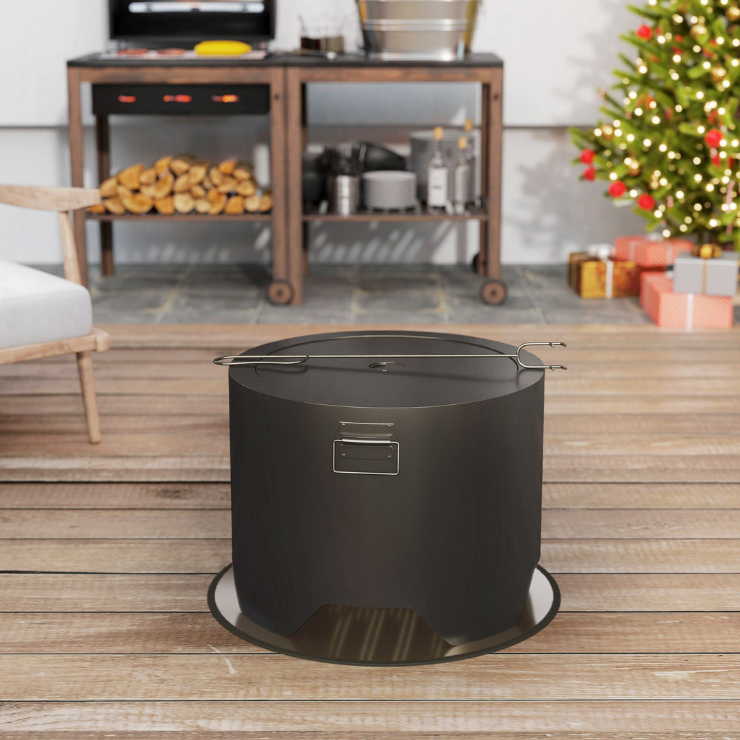 Outdoor Round Fire Pit with Lid and Fire Poker - Black