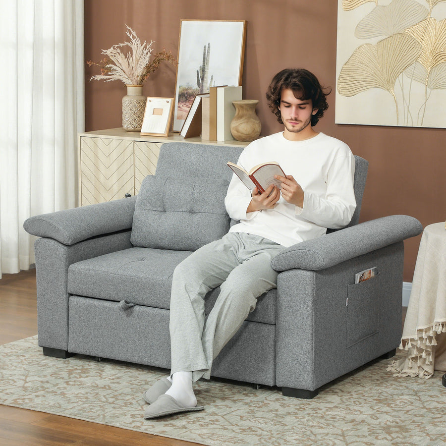 Pull Out Sofa Bed, Fabric 2 Seater Click Clack Sofa Bed Settee with 2 Pocket Springs, Convertible Sofa Couch with Pillows and Side Pockets for Living Room, Home Office, Light Grey