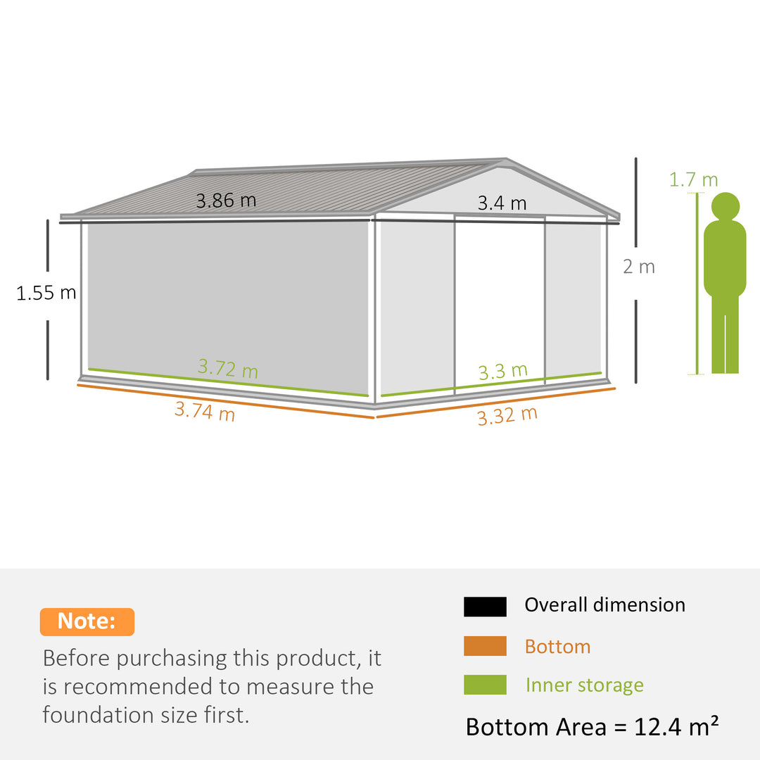 MCL 13 x 11ft Metal Garden Shed, Outdoor Storage Tool House with Ventilation Slots, Foundation Kit and Lockable Double Doors, Light Brown