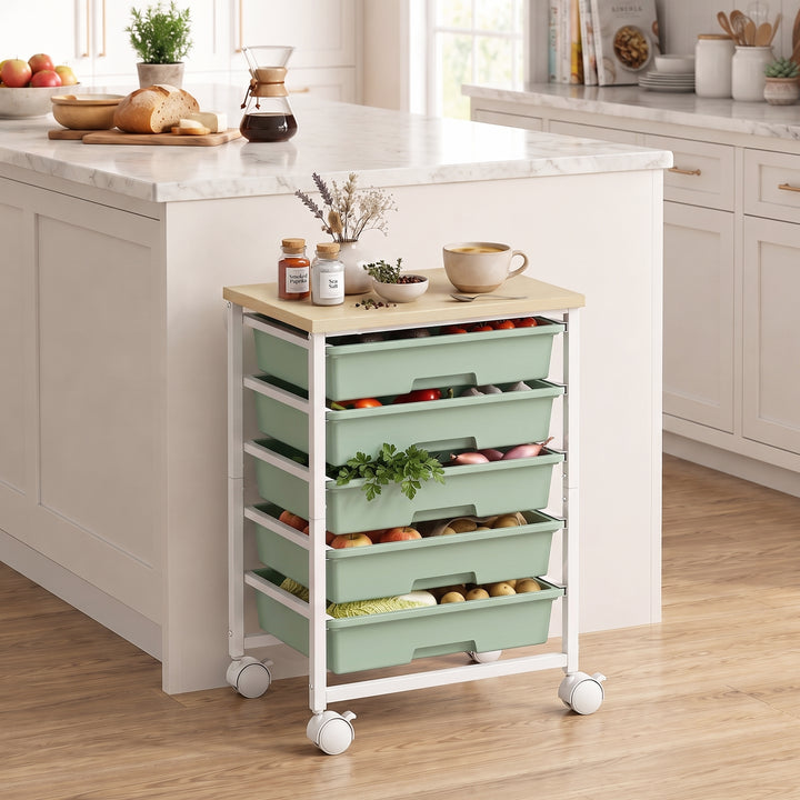 6-Tier Storage Trolley on Wheels, Metal Kitchen Rolling Cart with 5 Pu