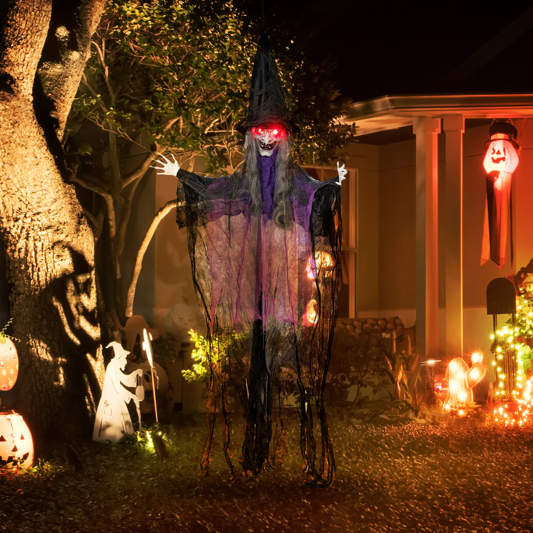 Outsunny 183 cm Life Size Halloween Animated Hanging Witch with Glowing LED Eyes, Spooky Witch Scary Halloween Decorations, Battery Operated, Indoor Party Props