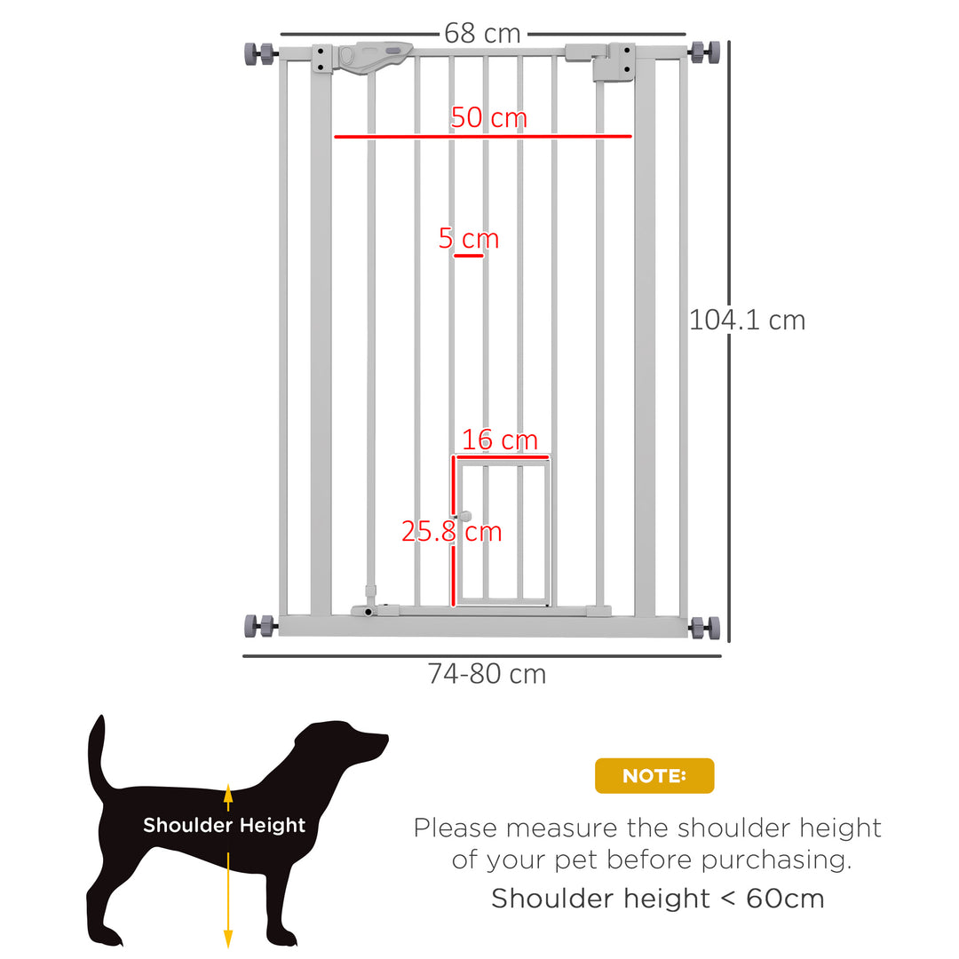 PawHut Extra Tall Pet Gate, Indoor Dog Safety Gate, with Cat Flap, Auto Close, 74-80cm Wide - White | Aosom UK