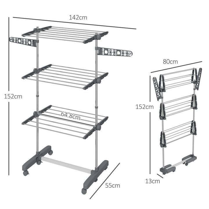 HOMCOM 3-Tier Clothes Airer, Foldable Clothes Drying Rack, Stainless Steel Indoor/Outdoor Clothes Dryer with Wheels & Wings, 142 | Aosom UK