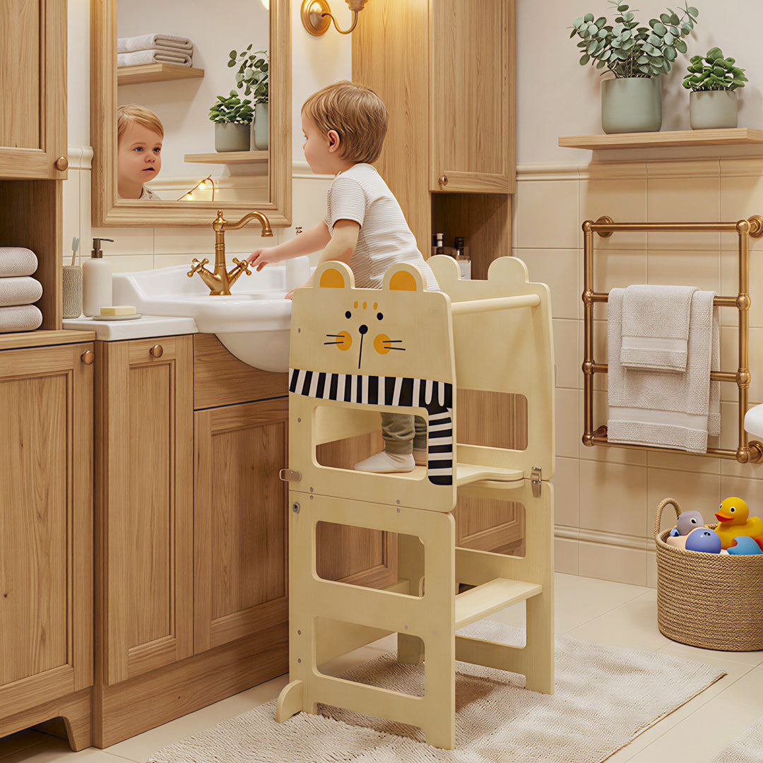 Toddler Step Stool, Standing Tower with Chalkboard, 3-in-1 Cat-Shaped Step Stool for Kitchen Counter