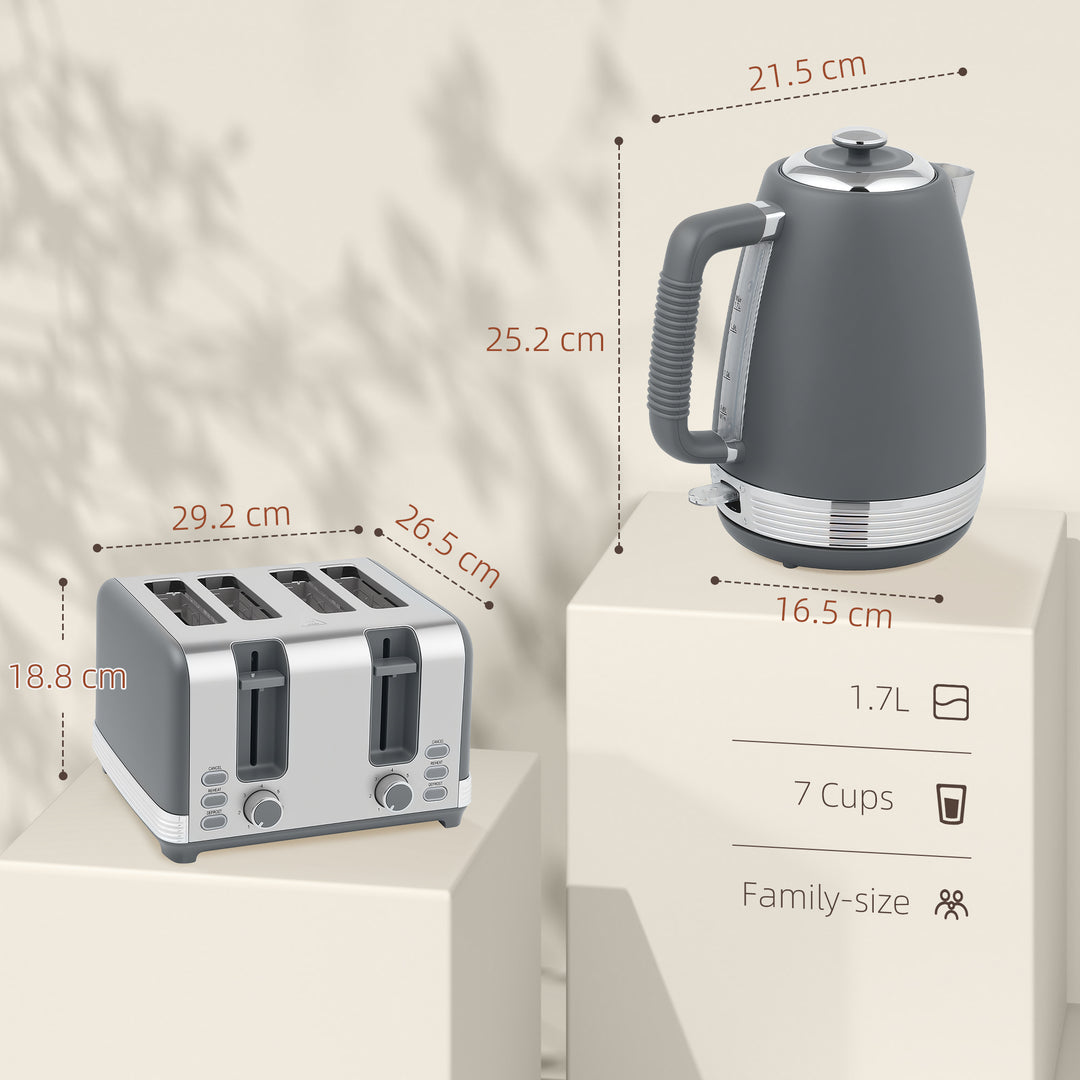 Stainless Steel Kettle and Toaster Set, 1.7L 3000W Rapid Boil Jug Kettle with UK Strix Thermostat, Limescale Filter, 4 Slice Toaster with 7 Browning Controls, Crumb Tray, Grey and Silver Tone