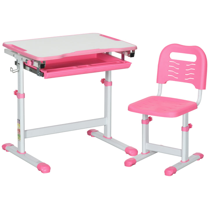 HOMCOM Adjustable Kids Desk and Chair Set, Student Writing Desk with Drawer, Pen Slot, Hook, Pink | Aosom UK