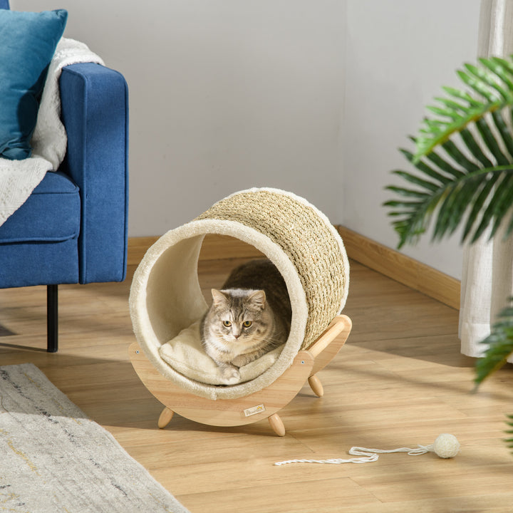 Raised Cat House, with Scratcher - Beige