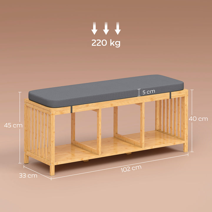 Bamboo Shoe Bench, Entryway Storage Bench with Padded Cushion and Open