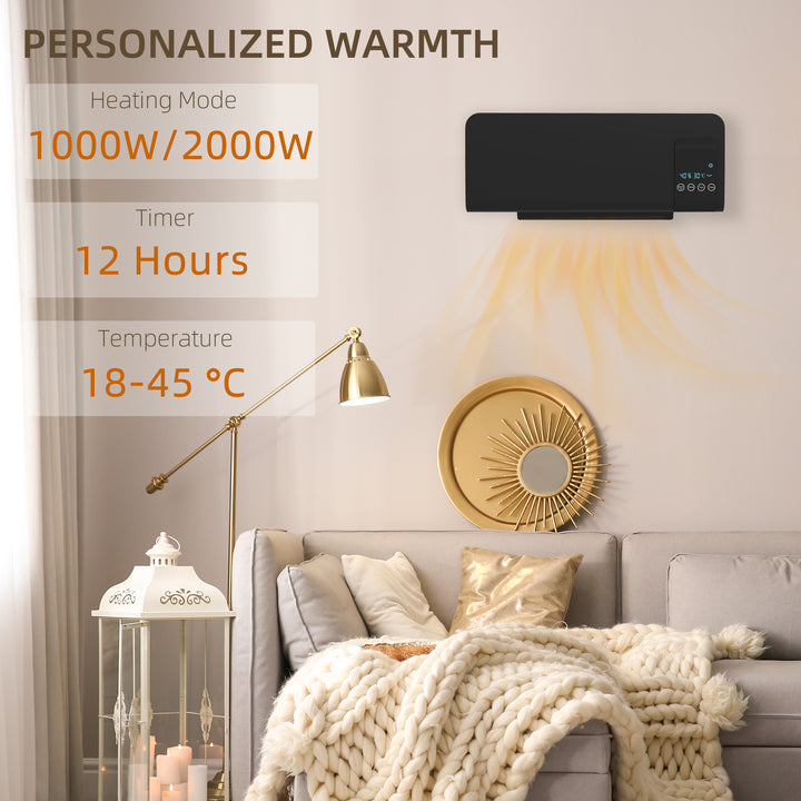 HOMCOM Electric Heater, 2000W Wall Mounted Space Heater with Remote Control, 2 Modes, Timer, Oscillation, Overheat Protection, Ceramic Heater for Home, Black