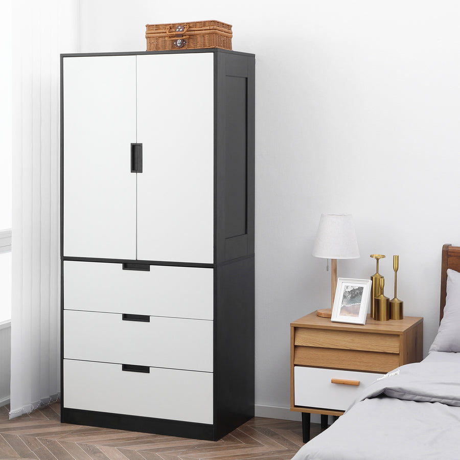 2 Door Wardrobe, Modern Wardrobe with 3 Drawers and Hanging Rod for Bedroom, Black