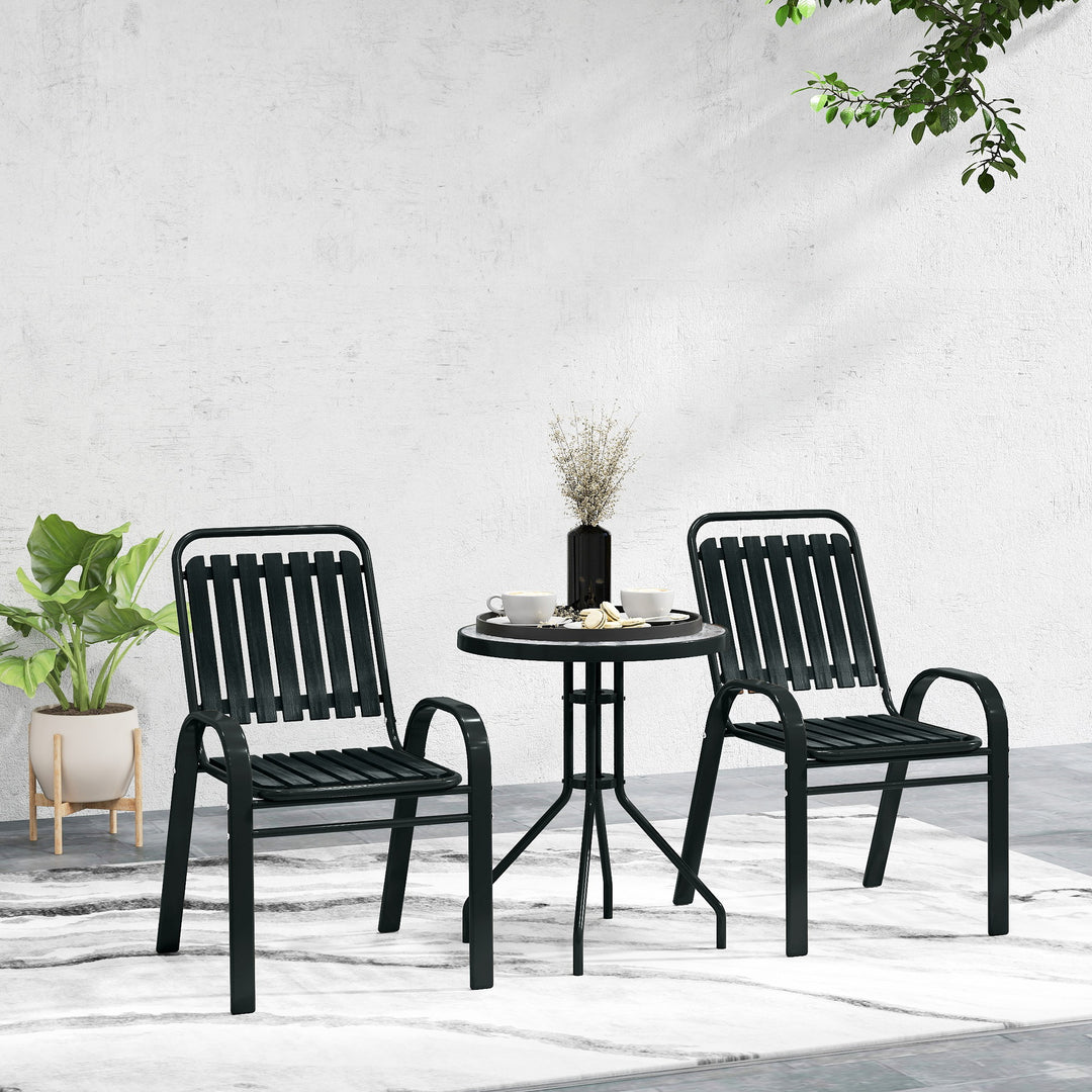 3 Pieces Patio Bistro Set with Stackable Chairs, Tempered Glass Table, for Outdoor, Balcony, Patio, Garden Charcoal Grey