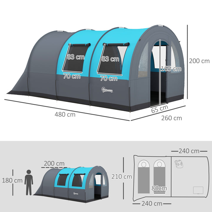 Six Man Duo Room Tunnel Tent, with Accessories - Grey/Blue