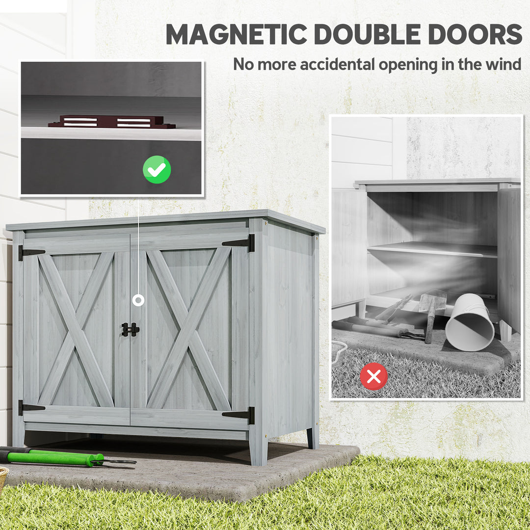 MCL Wooden Garden Shed, Outdoor Fir Wood Storage Shed with Shelf and Double Doors, Light Grey