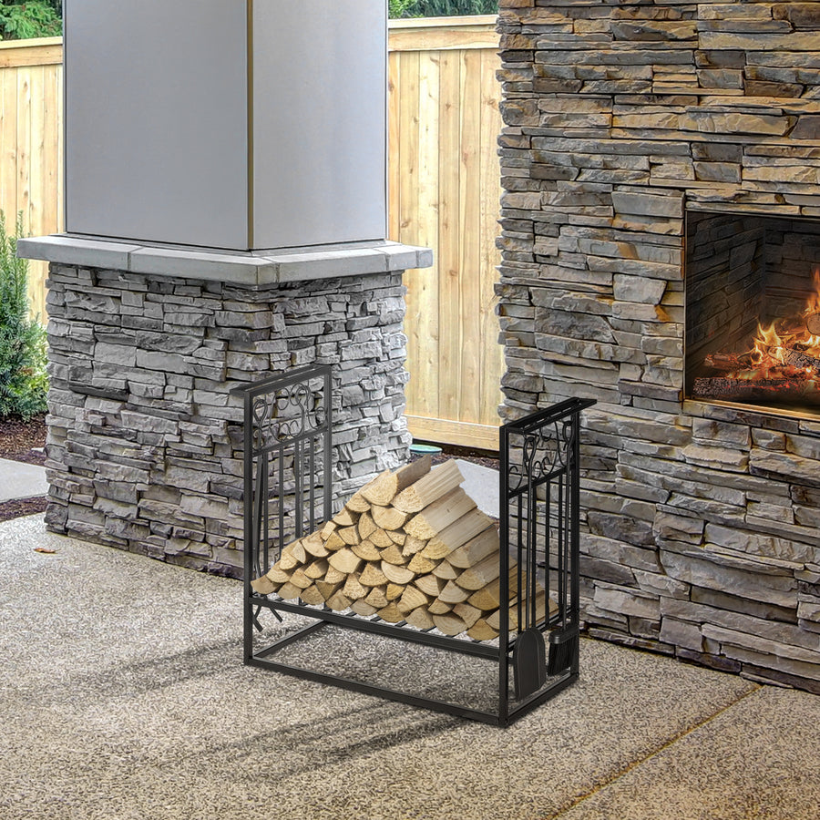 Steel Firewood Log Holder Indoor Outdoor Firewood Rack Fireplace Wood Storage Shelf with 4 Tools, Hooks, Scrolls, Rust-Resistant, Black, 75L x 30W x 60H cm