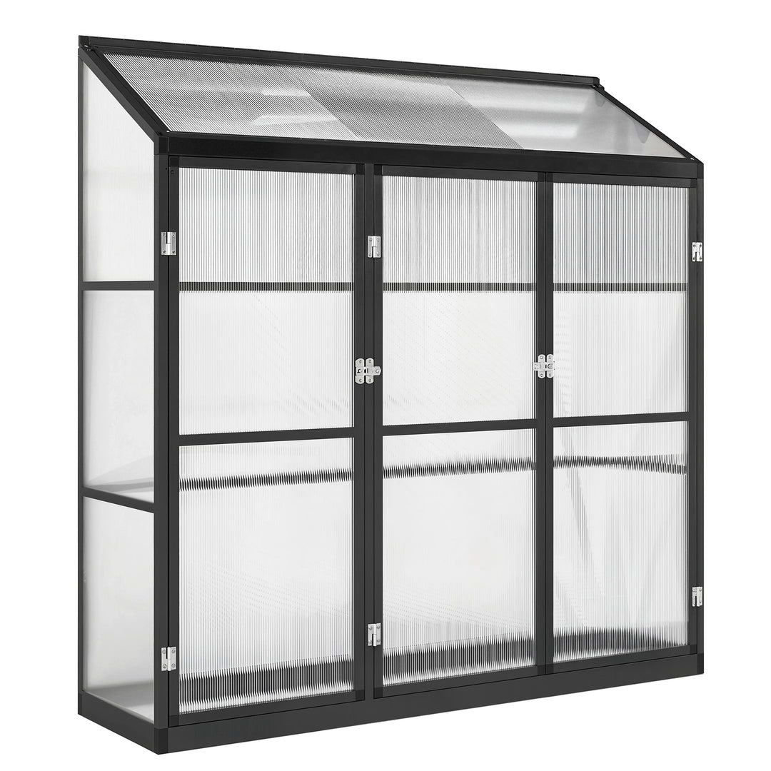 Polycarbonate Greenhouse with 3 Hinged Doors, Top Vent, Lean-to Green 