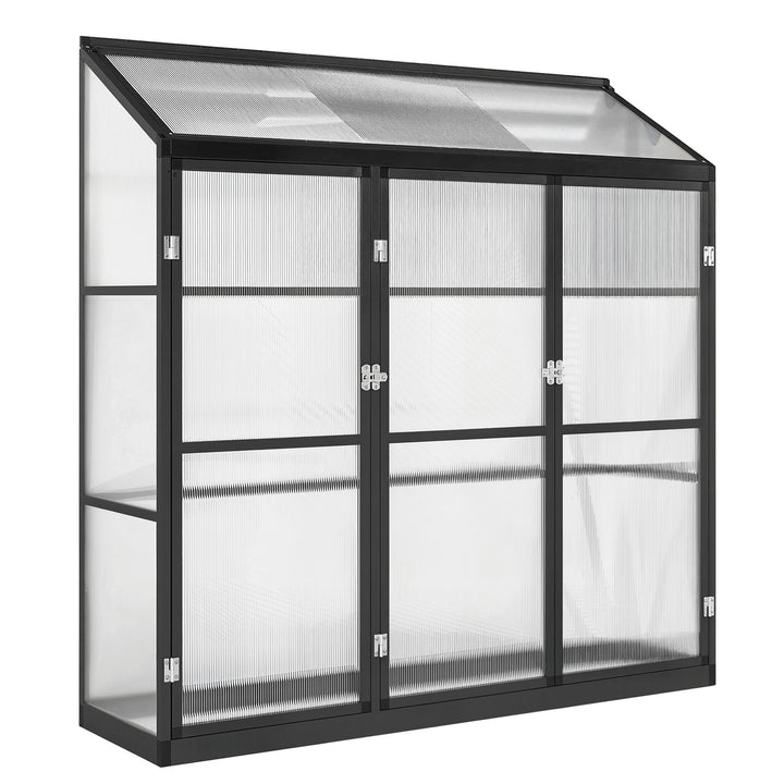 Polycarbonate Greenhouse with 3 Hinged Doors, Top Vent, Lean-to Green 