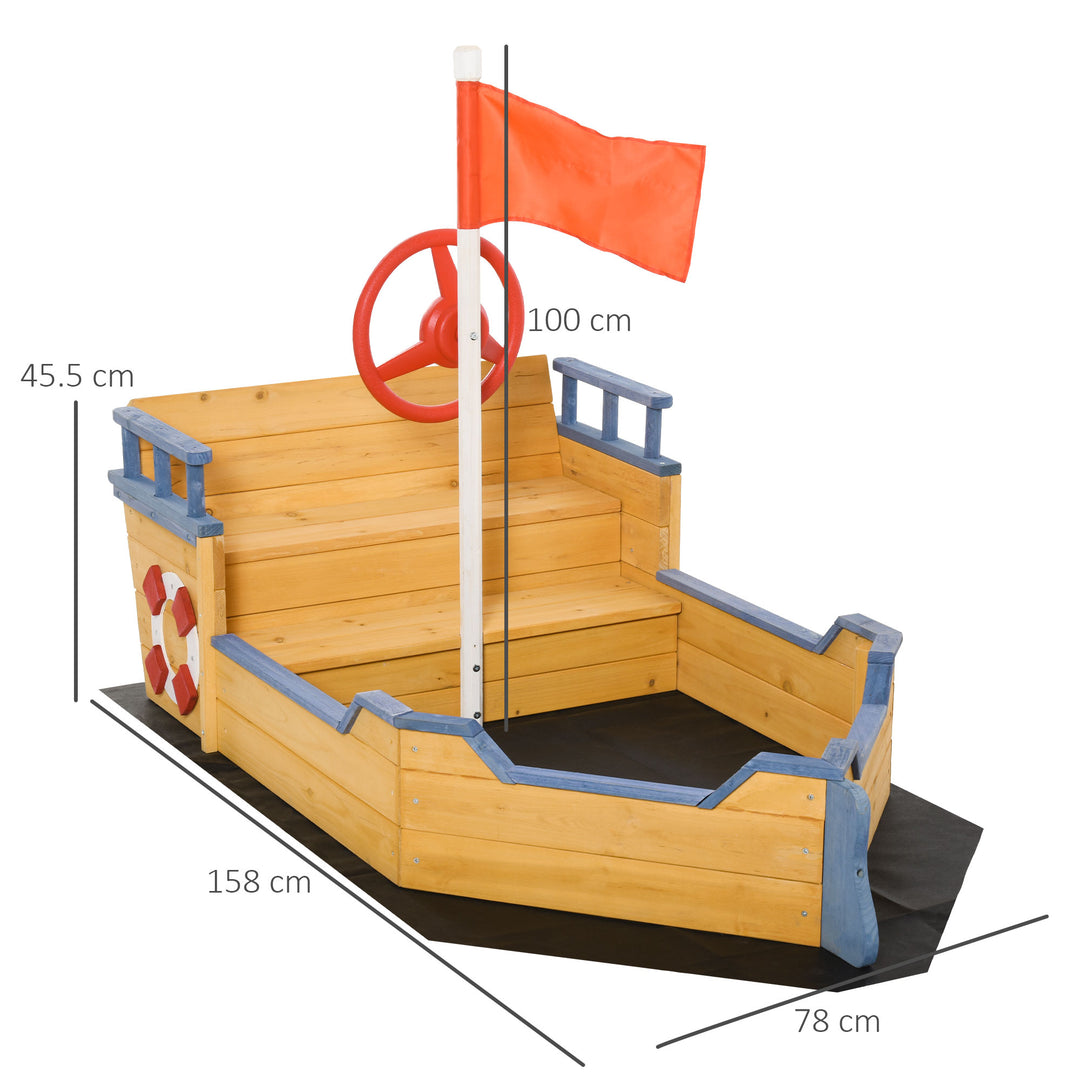 Outsunny Kids Wooden Sandpit Children Sandbox Pirate Ship Sandboat Outdoor Backyard Playset Play Station w/ Bench Bottom Liner