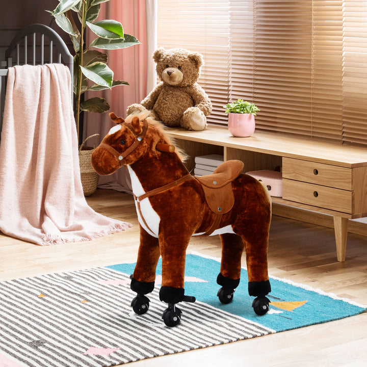MCL Plush Walking Horse Ride On Toy with Wheels and Realistic Sounds Rocking Horse for Girls Boys 2+ Years Old, 50cm Tall, Brown