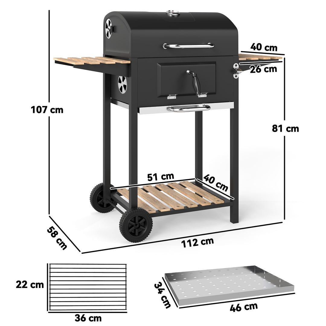 Charcoal BBQ Grill with Height Adjustable Charcoal Pan, Barbecue Smoker with Warming Rack, 3 Shelves, Temperature Gauge, Wheels, Bottle Opener for Outdoor Cooking Garden Party