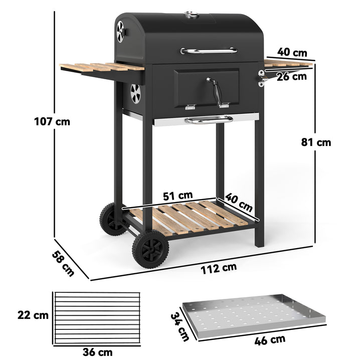 Charcoal BBQ Grill with Height Adjustable Charcoal Pan, Barbecue Smoker with Warming Rack, 3 Shelves, Temperature Gauge, Wheels, Bottle Opener for Outdoor Cooking Garden Party