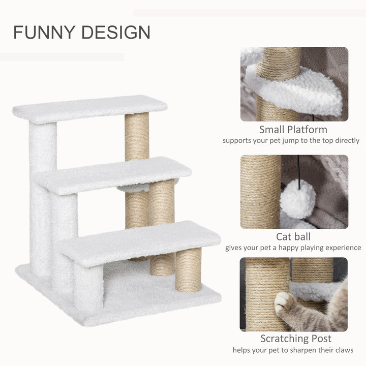 PawHut Pet Stair with 3-step Climb Ladder, Scratching Posts, Platforms, Toy Ball, for Indoor Elderly Cats Kittens, White