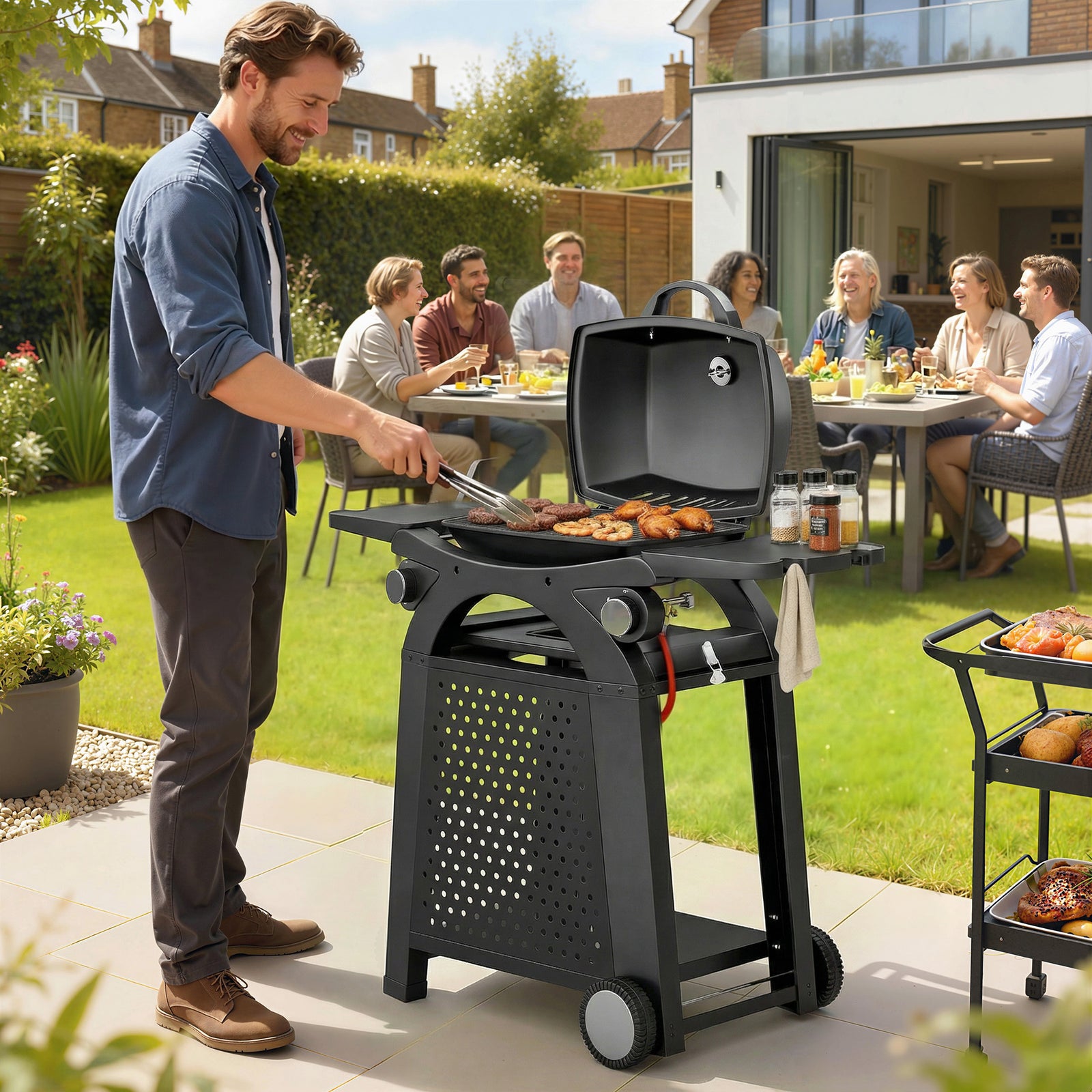 2 Burner Gas Grill with 2 Side Tables, 3.8 KW Barbecue Grill with Cast
