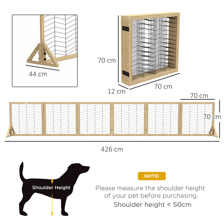 PawHut 6 Panels Pet Gate, Wooden Foldable Dog Barrier w 2PCS Support Feet, for Small Medium Dogs - Natural Wood Finish