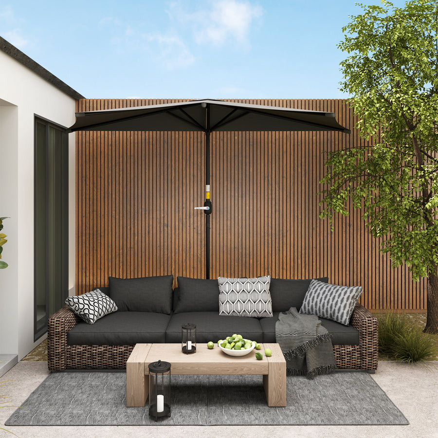3(m) Half Parasol, Semi Round Umbrella with Metal Frame, Crank Handle for Balcony, Garden, Dark Grey
