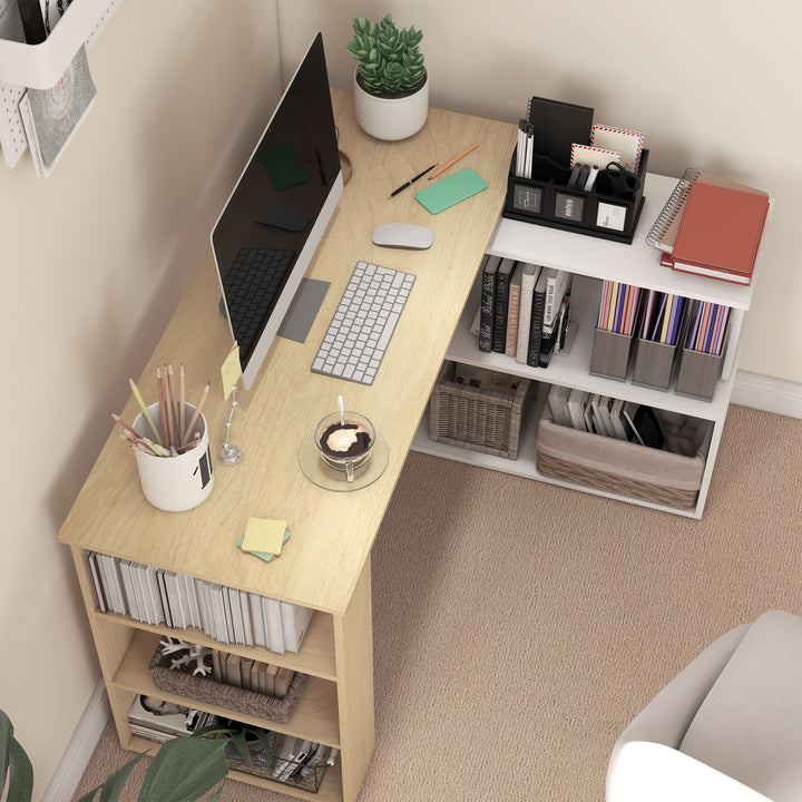 Corner Computer Desk, L Shaped Desk with 360° Rotating Bookshelf, 120L