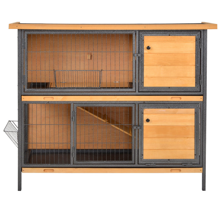 PawHut 2-Floor Wooden Guinea Pigs Hutches Bunny Cage Metal Frame Pet House with Slide-Out Tray Feeding Trough Ramp Lockable Door | Aosom UK