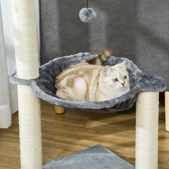 PawHut 83cm Cat Tree Tower with Sisal Scratching Post Hammock Interactive Ball Toy Kitten Play House Activity Center Furniture Grey | Aosom UK